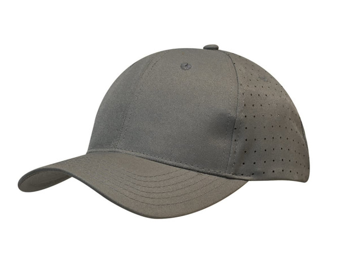 A grey breathable poly twill cap featuring circle perforations and a rounded peak, with a logo on the side.