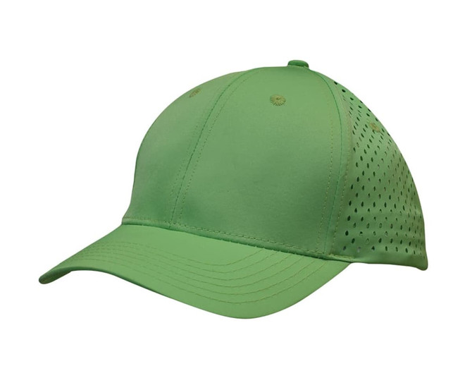 A green sports cap with tear drop perforations and a solid visor. It features a logo.