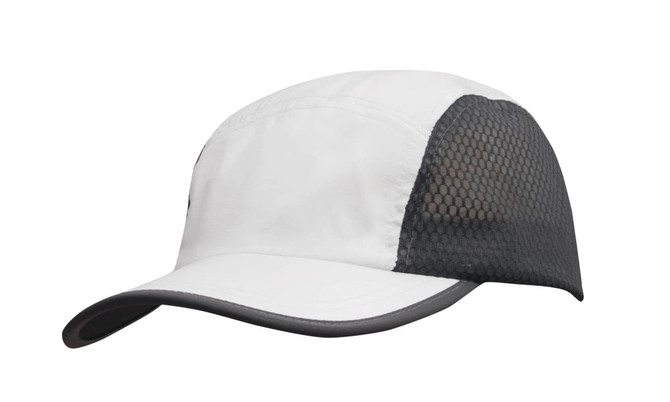 A white cap with a grey mesh side and a curved brim, featuring a logo on the front.