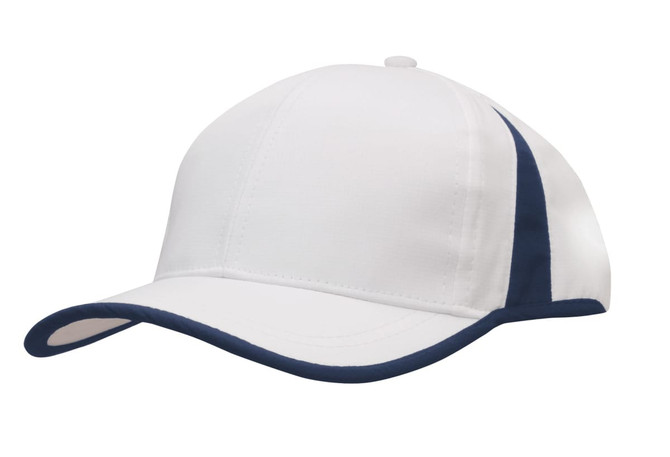 A white cap with navy trim and inserts, featuring a rounded peak and a structured design. It has a logo.