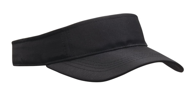 A black sports visor with a wide brim and an adjustable strap, featuring a logo on the side.