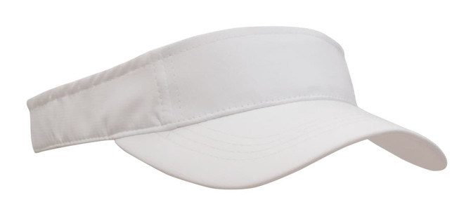 A white sports visor with a wide brim and adjustable strap, featuring a logo on the side.