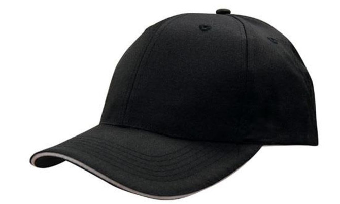 A black cap featuring a sandwich trim, made of breathable poly twill, with a curved brim and a logo.