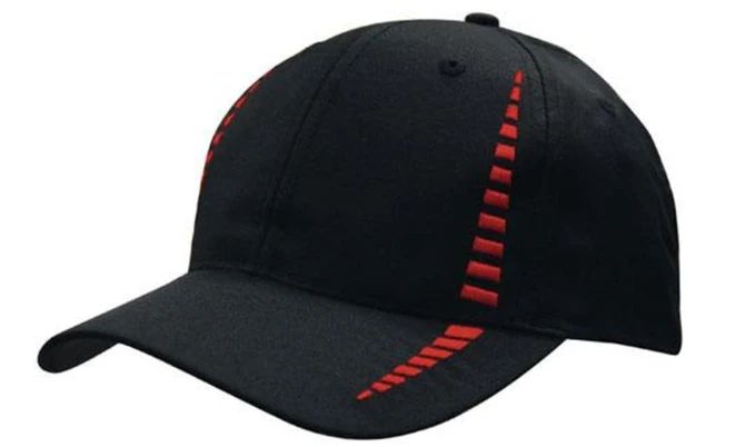 A black cap featuring red stitching detail and a structured peak, with a logo on the side.