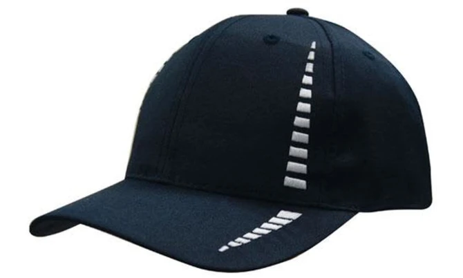 A navy blue cap featuring a unique design on the front and a logo on the side.