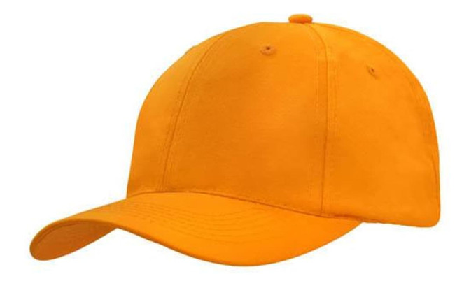 An orange breathable poly twill cap with a rounded crown and a curved brim, featuring a logo.