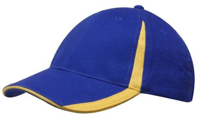 A blue cap with yellow inserts on the peak and crown, featuring a logo on the front.