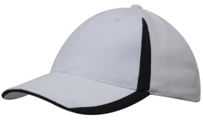A white cap with black inserts on the peak and crown, featuring a logo.