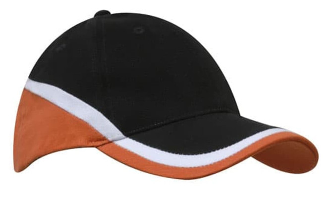A tri-coloured cap featuring black, orange, and white shades with a logo on the front.