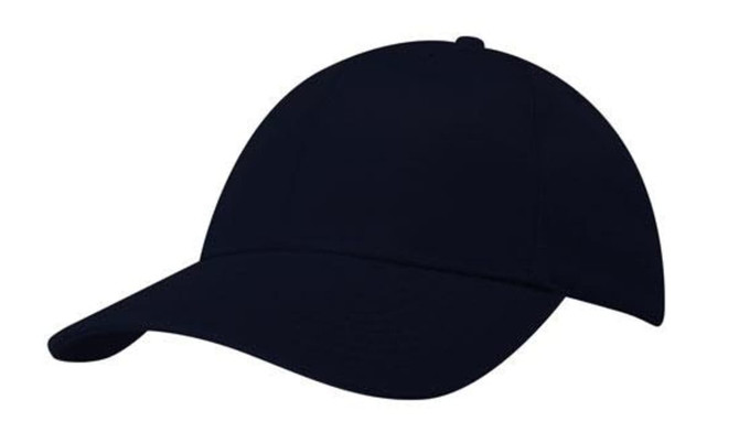 A navy blue cap with a curved brim and a seamless design, featuring a branding logo.