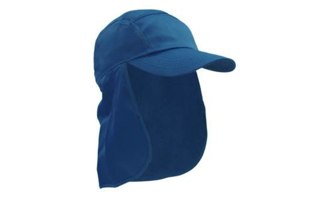 A blue cotton legionnaire hat with a long neck flap and logo visible on the front.