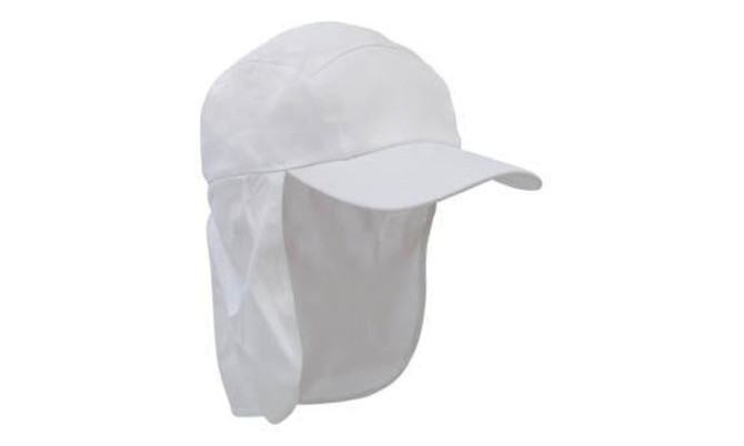 A white Poly Cotton Legionnaire hat with a wide brim and neck flap for sun protection. It features a logo.