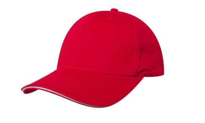 A red cap with a sandwich trim and a logo on the front. The cap features a rounded crown and a curved brim.