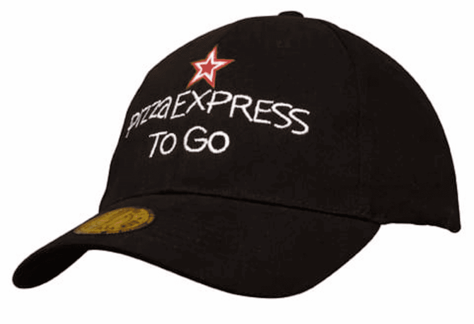 A black cap featuring a logo and text, with a curved brim and adjustable strap at the back.
