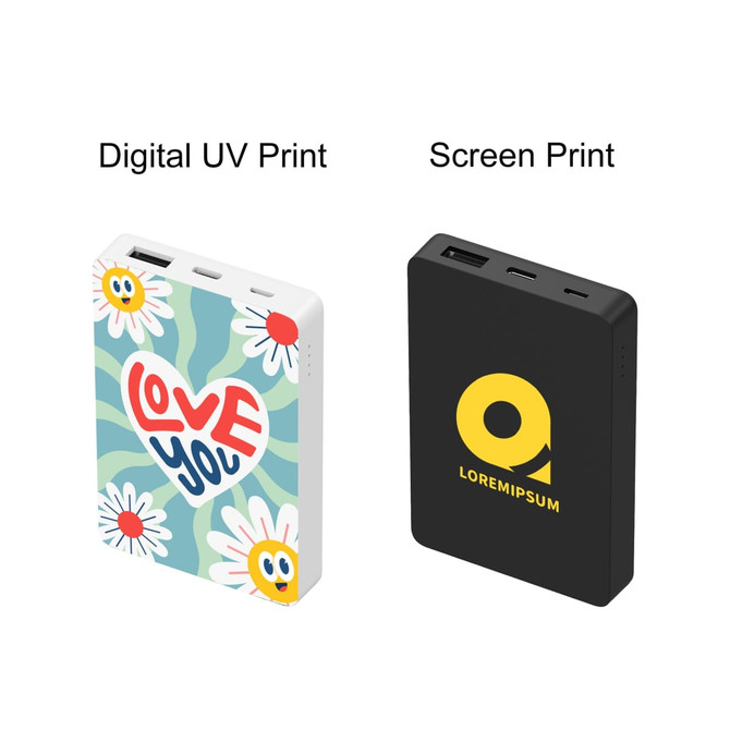 A square power bank in white with a flower design and a black power bank featuring a logo, both with USB ports.
