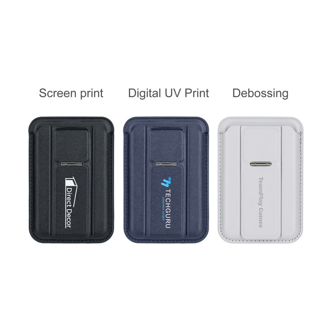 A PU magnetic card holder in black, navy, and white, featuring various printing methods and logos.