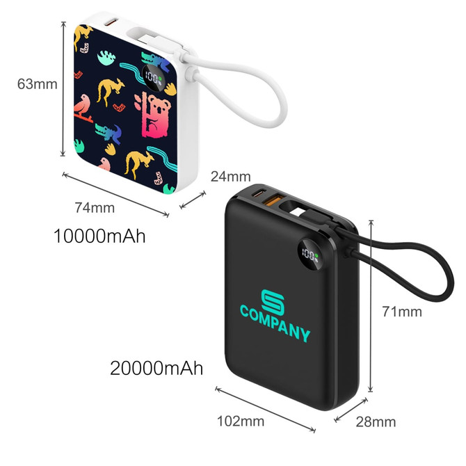 A power bank in white with colourful animal designs, and a black power bank, both showcasing different capacities and a logo.