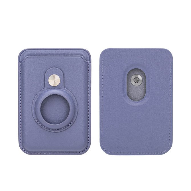 A purple PU magnetic card and AirTag holder featuring a circular ring and a sleek design. It has a logo on one side.