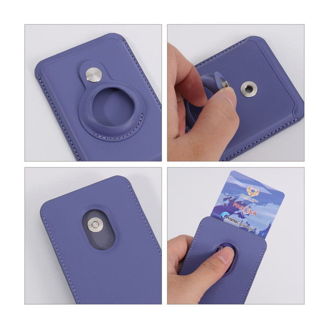 A purple PU magnetic card and AirTag holder with a hand inserting a card into the sleeve. Features a metal button.