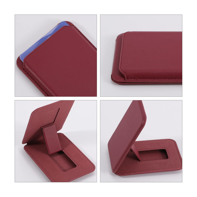 A burgundy PU foldable magnetic card holder features a phone stand and has a logo. The design includes multiple angles.