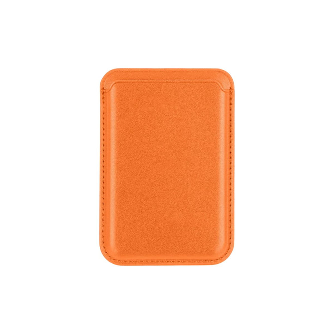 An orange PU magnetic phone card holder with a sleek design and a smooth finish, featuring a logo.