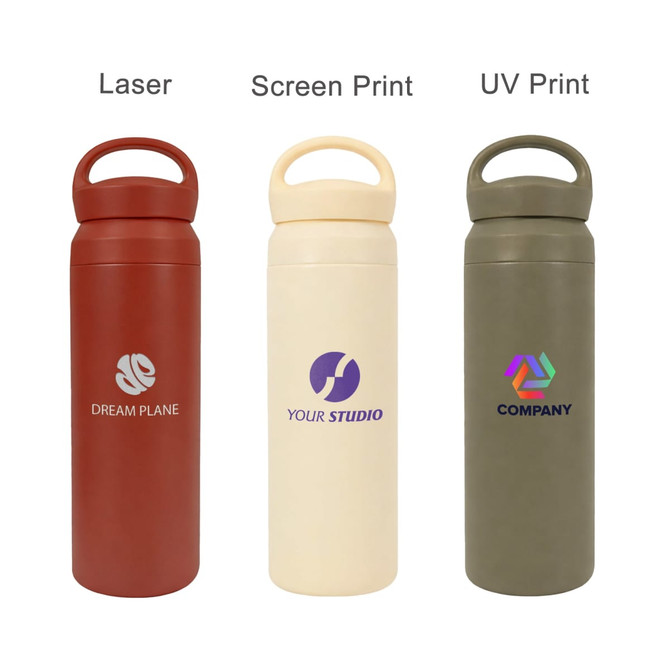 A drink bottle trio in red, cream, and olive green, featuring handles and various branding options.