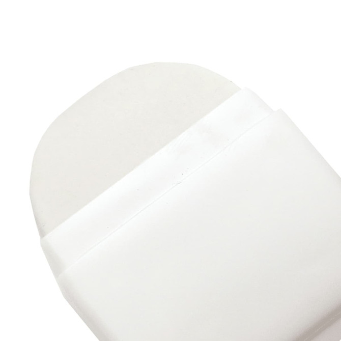 A white stationery essentials pack with an oval top lid, featuring a smooth, clean design. It has a logo displayed.