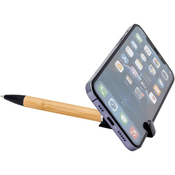 A bamboo pen holds a smartphone upright on a black stand, showcasing a clear phone screen.