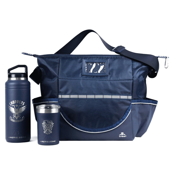 A navy blue tote bag with a shoulder strap, accompanied by a drink bottle and insulated cup, both in matching colours.
