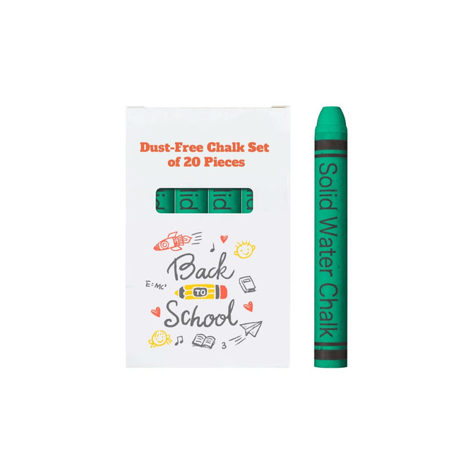 A box containing 20 sticks of dust-free chalk in green, with a logo and colourful illustrations on the packaging.