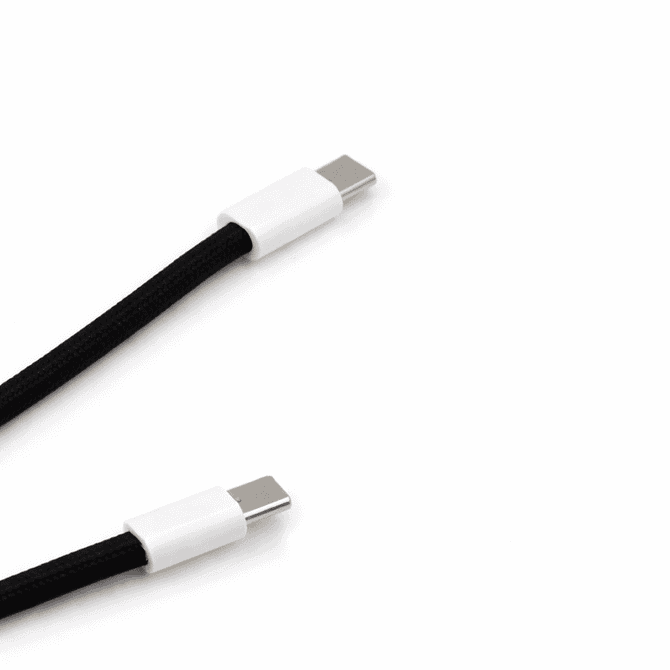 A black charging lanyard with two USB connectors at each end, featuring white accents.