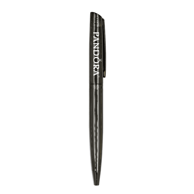 A metallic black ballpoint pen with a clip and a logo, featuring a sleek and elegant design.
