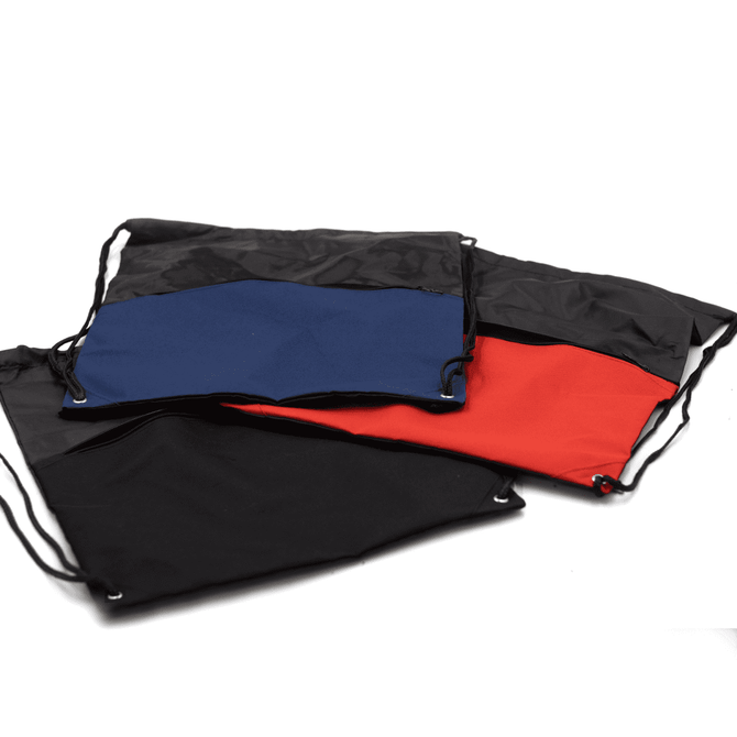A collection of three drawstring bags in black, red, and blue, featuring adjustable cords and a logo.