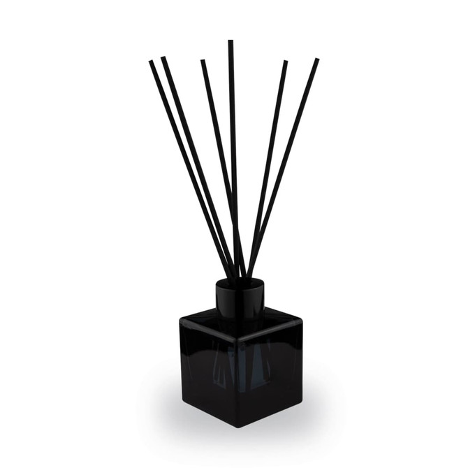 A black square reed diffuser with six black sticks, elegantly designed for home fragrance.