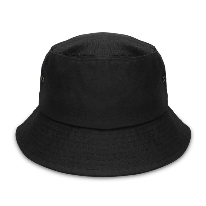 A black bucket hat with a simple design and an eyelet for ventilation, featuring a logo.