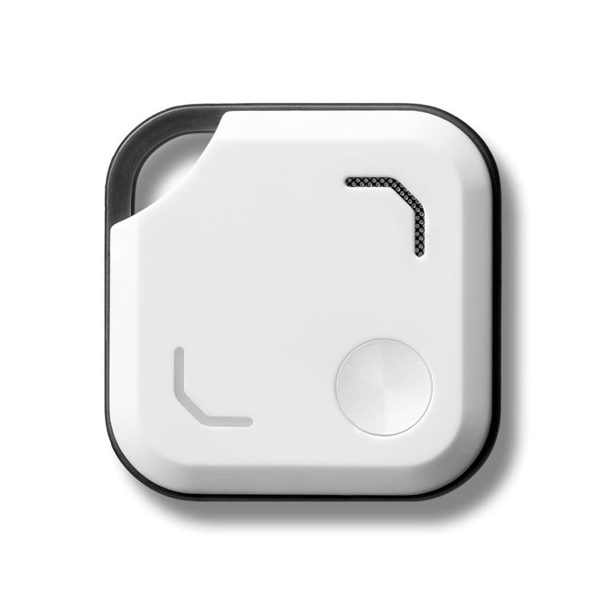 A white and black Bluetooth tracker with a sleek design and subtle details, featuring a branding logo.