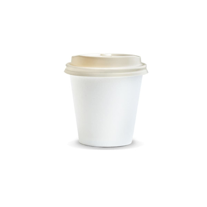 A compostable white paper coffee cup with a beige lid, suitable for 180ml beverages. Features a logo.