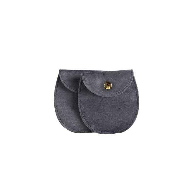 A grey oval velvet jewelry pouch featuring a snap button closure and a soft texture. It has a logo.