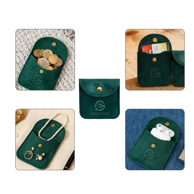 A green velvet jewelry pouch with a snap button, featuring sections for coins, cards, and accessories.