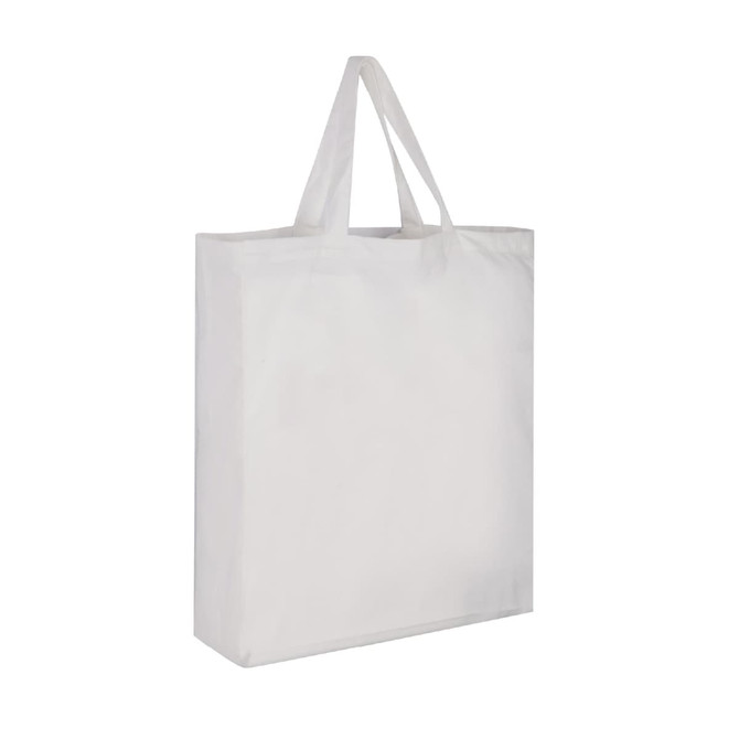 A white cotton tote bag with two handles and a simple design, featuring a logo on one side.