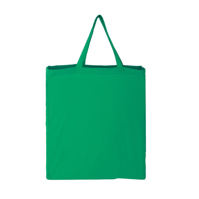 A green cotton tote bag with two handles, featuring a blank design and no visible branding.