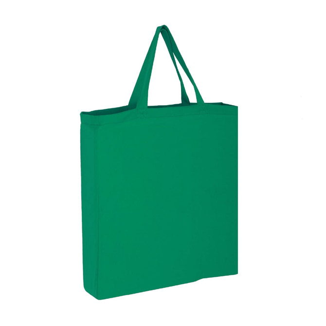 A green cotton tote bag with two handles and a plain design. Features a logo on one side.