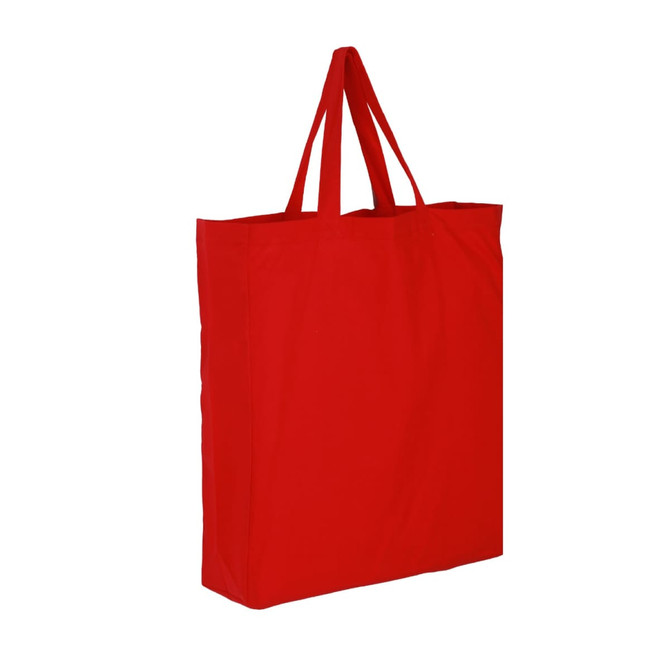 A red cotton tote bag with two handles and a simple design. It includes a logo.