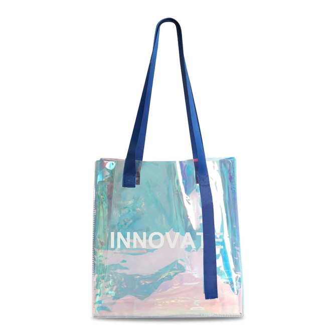 A transparent PVC waterproof tote bag with blue straps, featuring an iridescent finish and a logo.
