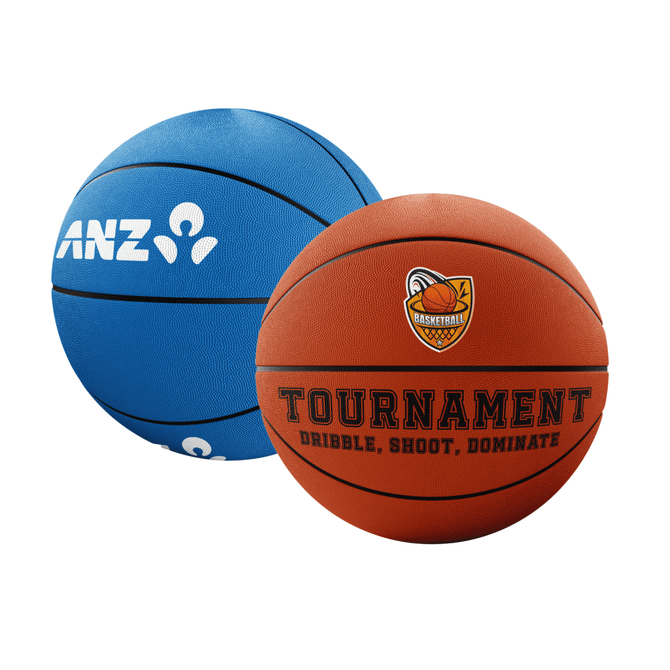 A blue basketball with a logo next to an orange basketball featuring a badge. Both are designed for sports activities.