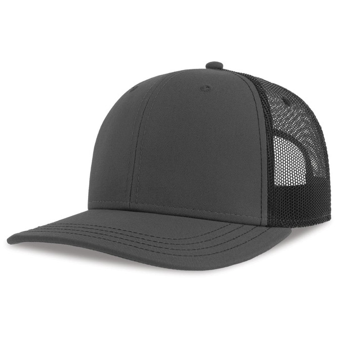 A dark grey trucker cap featuring a solid front panel and mesh back. It includes a branding logo.