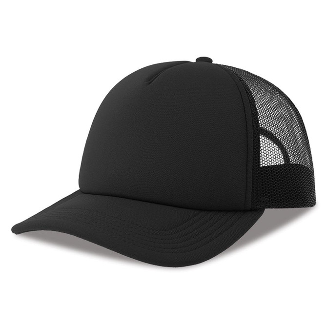 A black trucker cap made from recycled polyester, featuring a solid front and mesh back, complete with a logo.