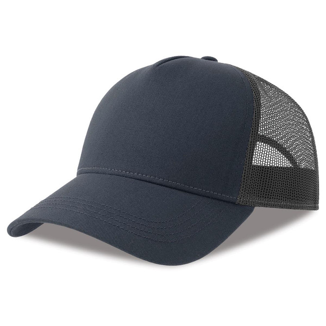 A navy trucker cap featuring a solid front panel and mesh back, with a branded logo.