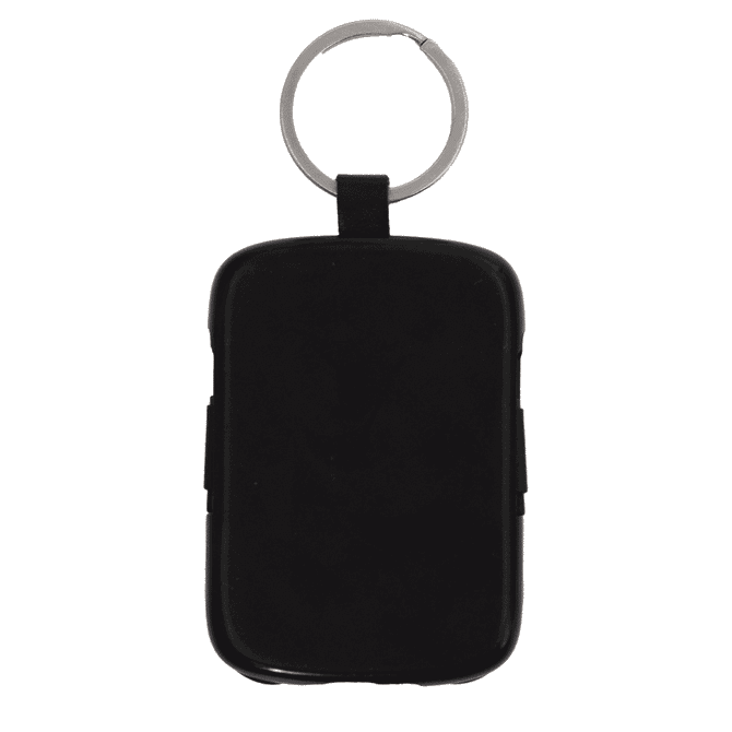 A black keychain power bank with a silver ring, featuring a smooth finish and compact design.