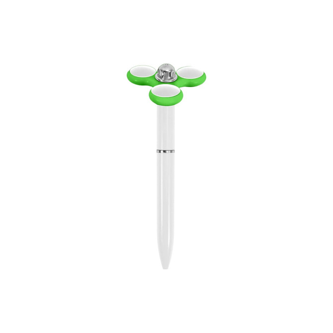 A fidget pen with a white body and green spinner design at the top, featuring a silver detailing.